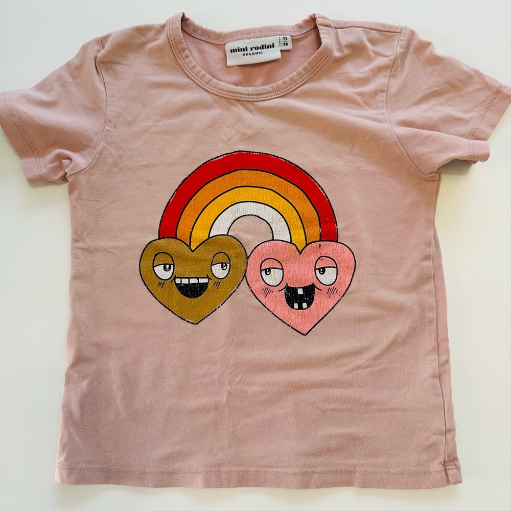 Mini Rodini Pink Kids T-Shirt with Heart and Rainbow Design